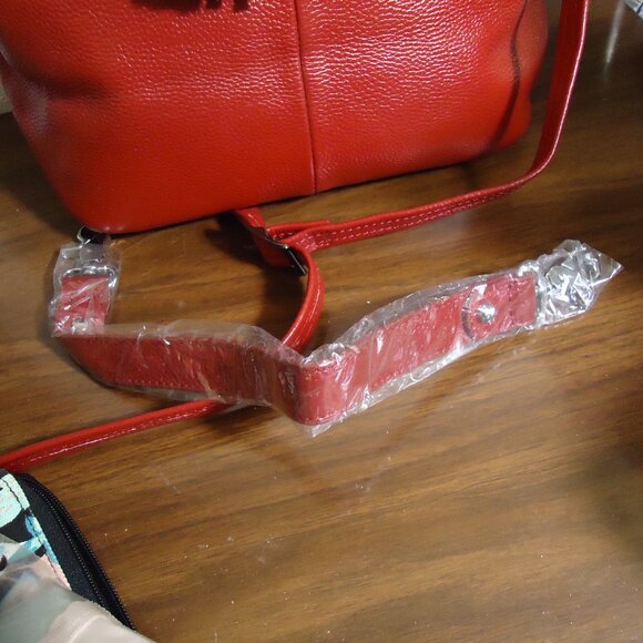 LN Damero Red Leather 2 Way Carry Drawstring Bucket Bag 2 Tassels As Is - Picture 5 of 12